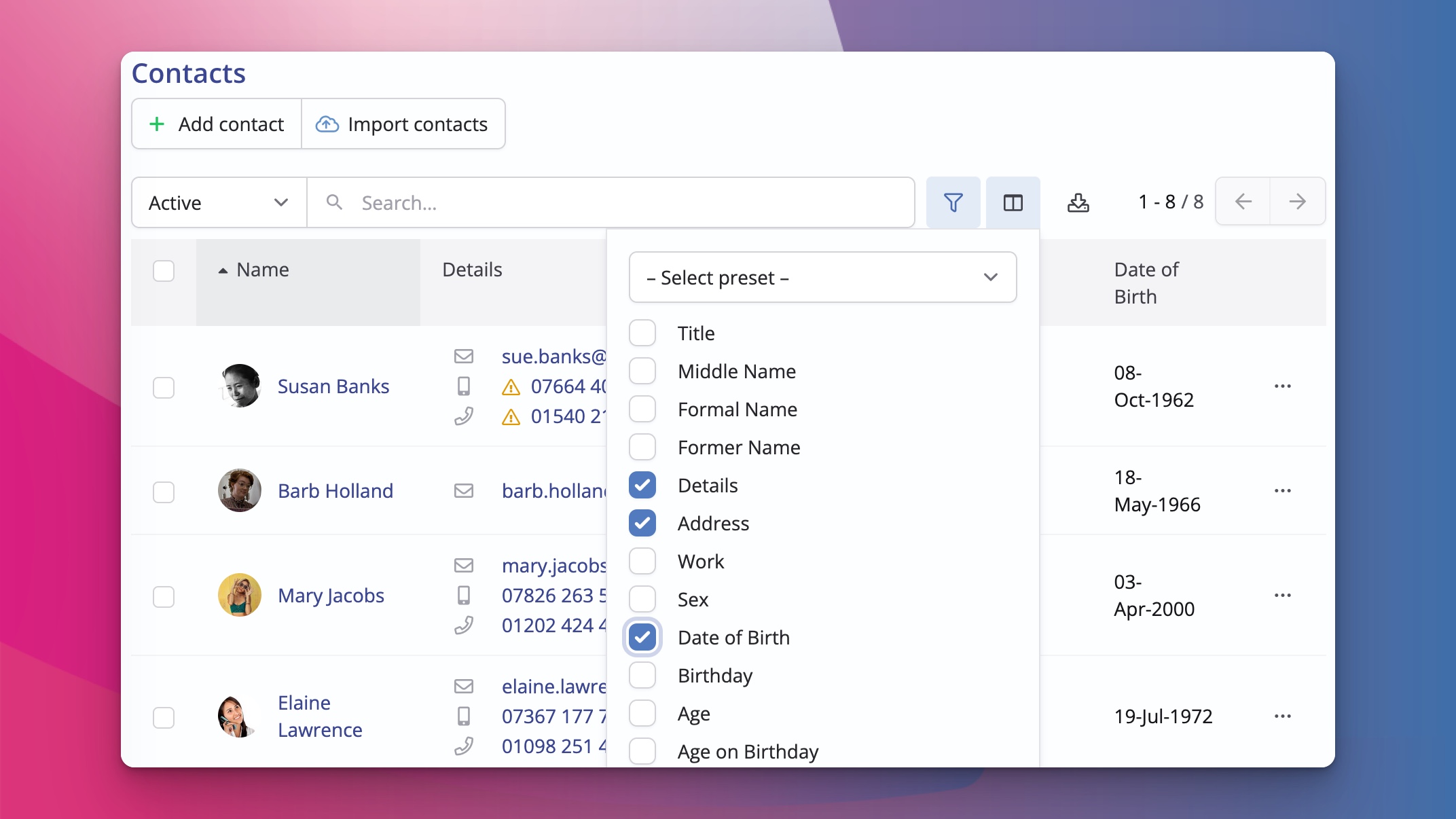 Edit which columns show in the advanced search in ChurchSuite