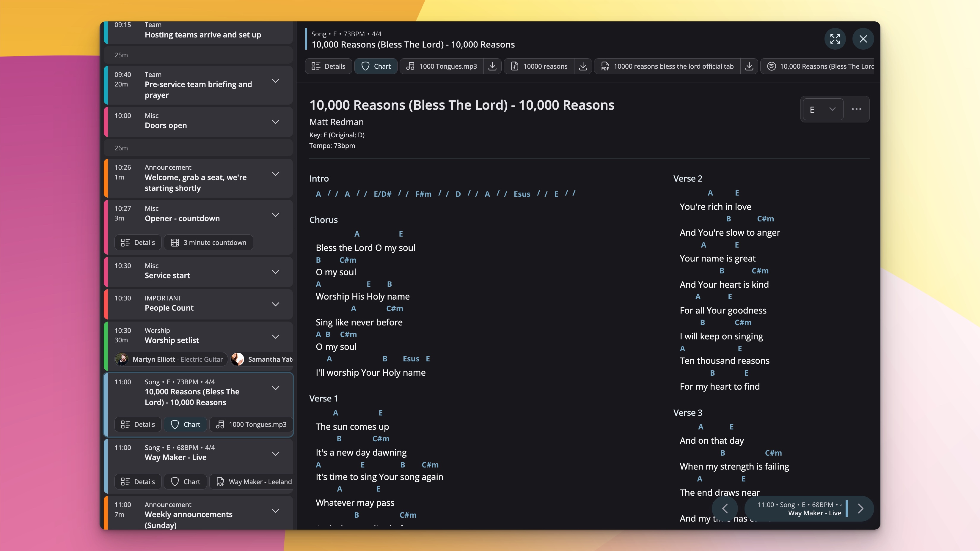 View your church service plan in detail using the split-view layout