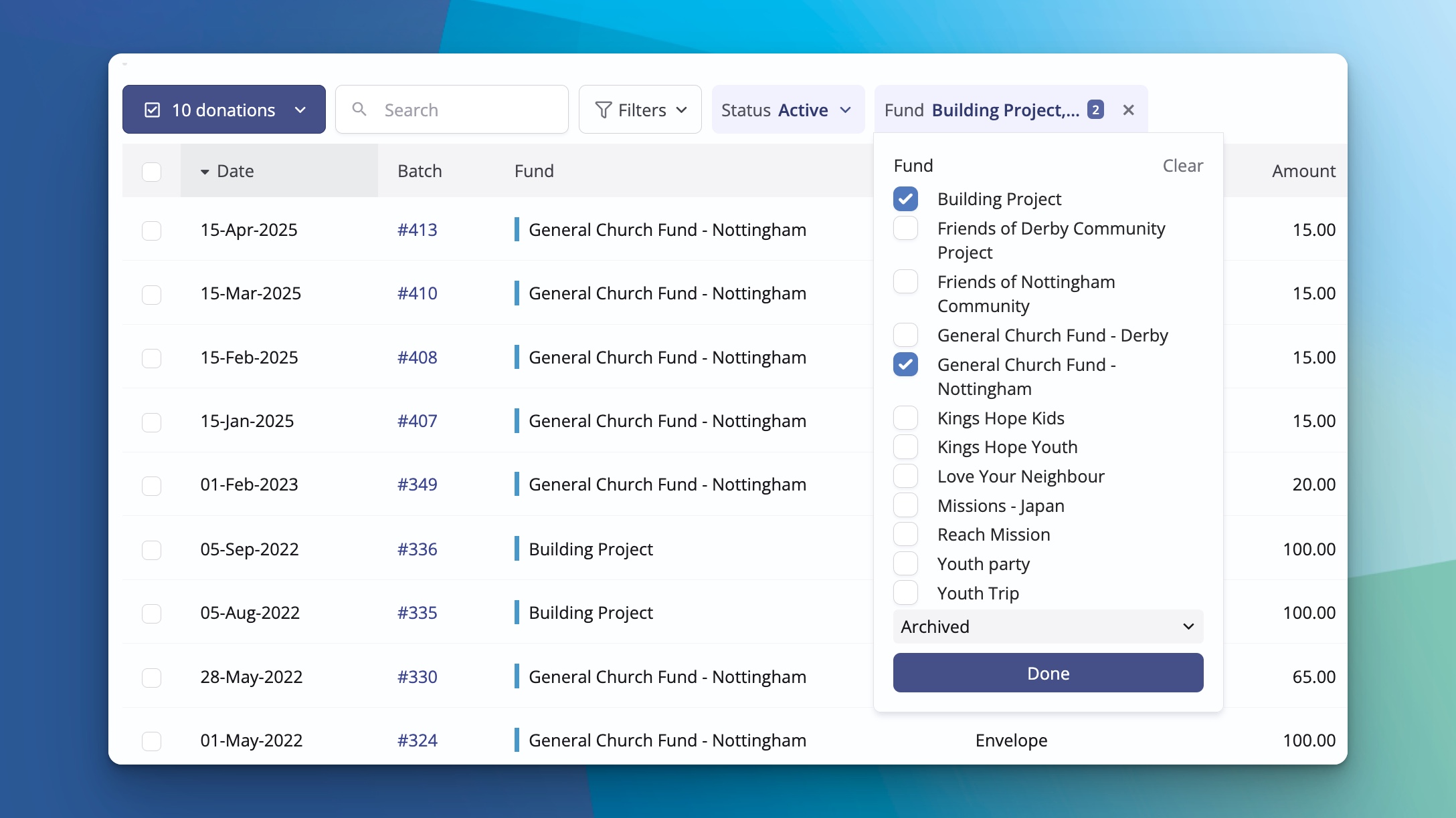 When reviewing a giver's donation history to your church, you can filter by Status, Fund, Method, Gateway (with a handy link to Stripe or GoCardless transactions), Amount, and, for UK churches, Gift Aid status in ChurchSuite