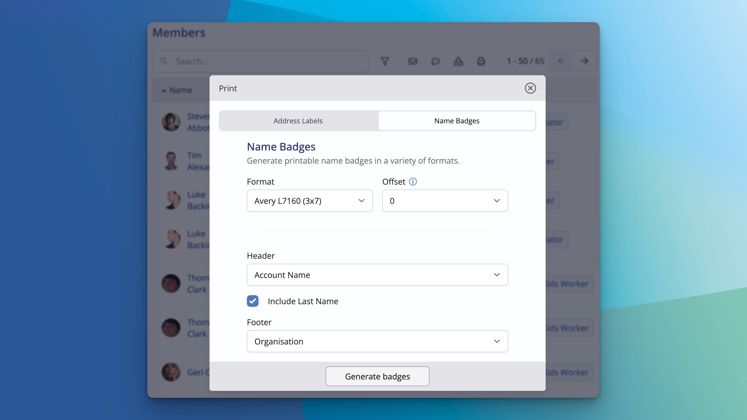 Add the organisation name as a header or footer to the name badge in the ChurchSuite Network module