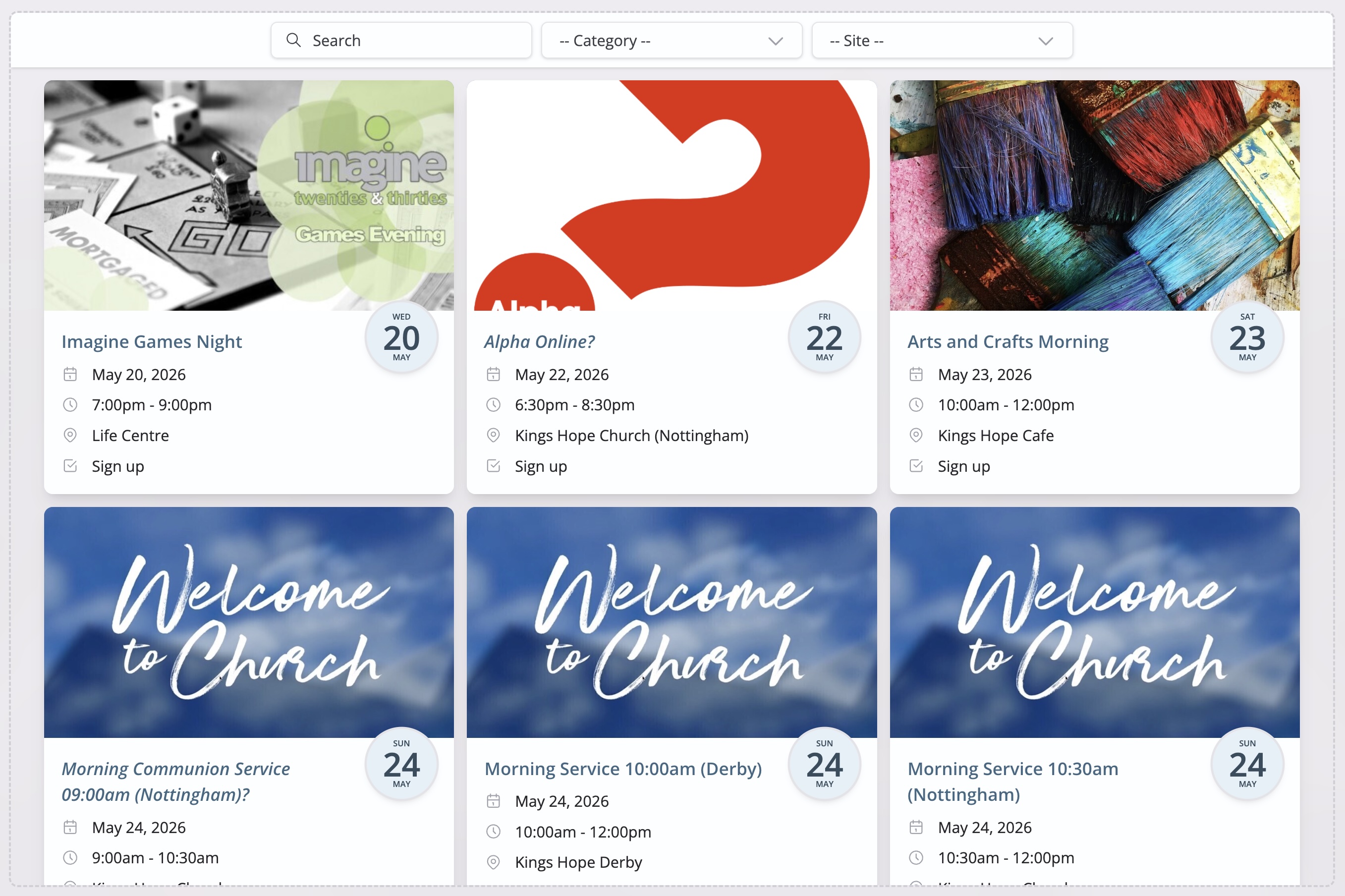 A screenshot of the Calendar embedded content - 6 events, with images and details.