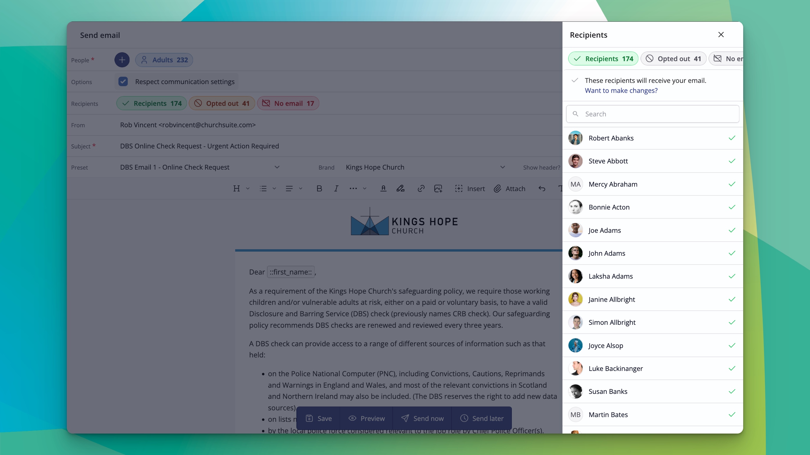 Defining who receives your email is easy and clear in ChurchSuite church management system