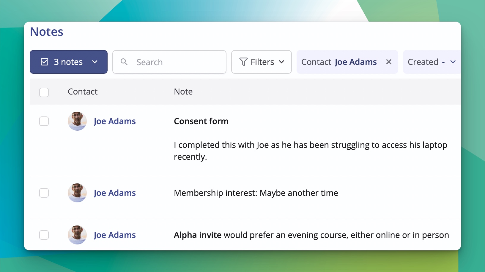 The notes index can be filtered down to view all the pastoral notes of a single church member