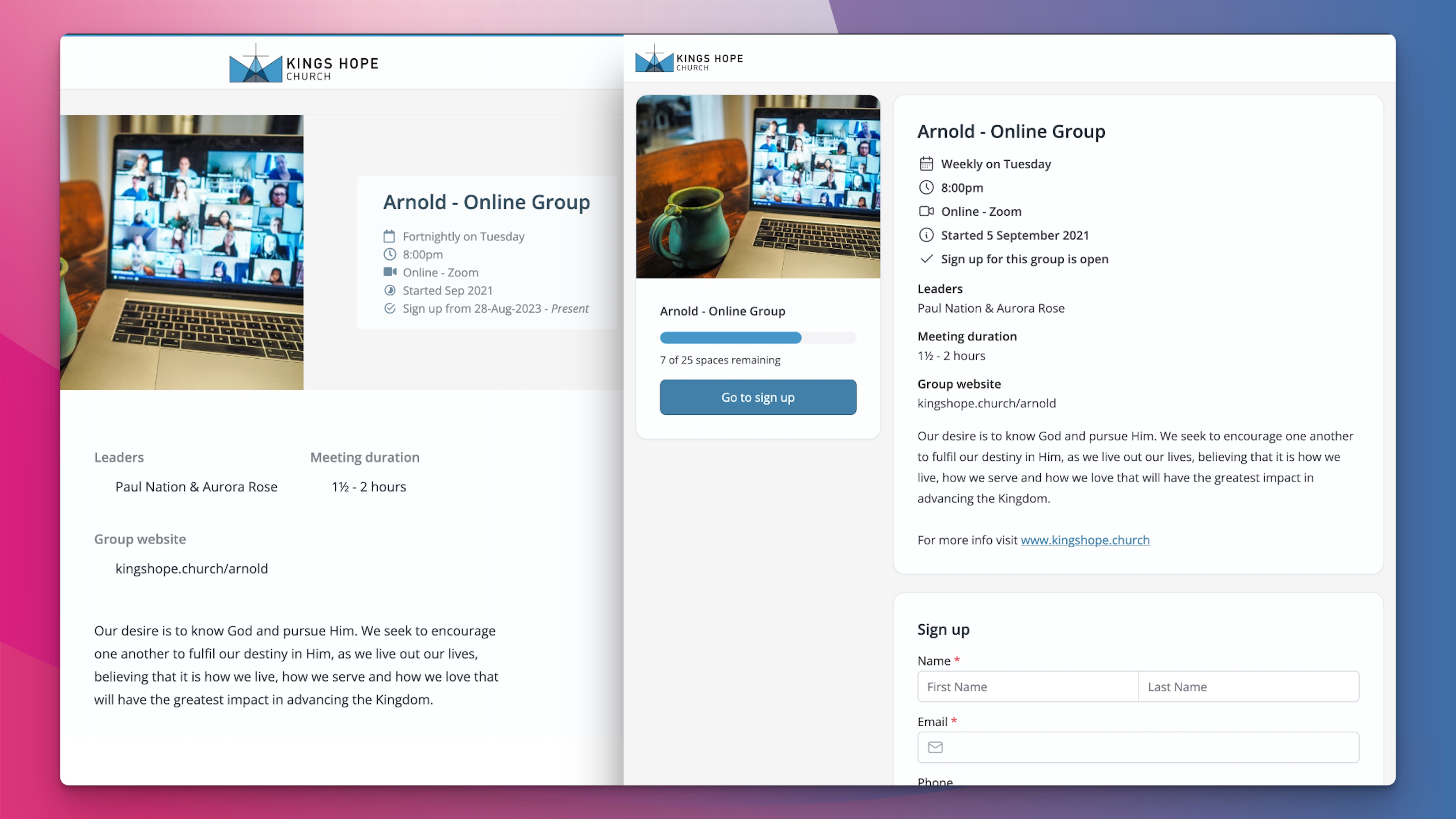 Page for church small groups sign up