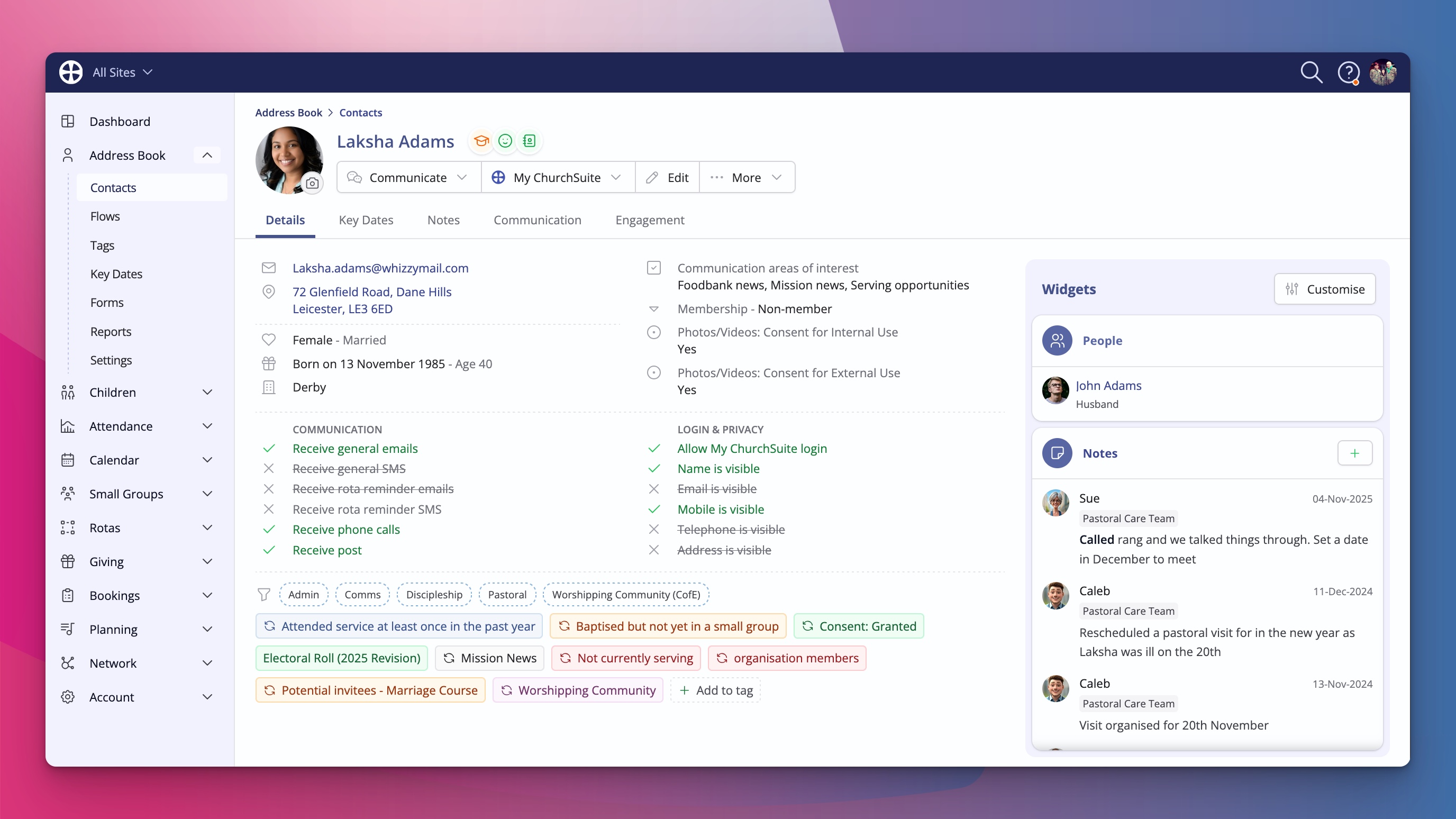 Screenshot of church management system contact page using the new ChurchSuite Sidebar UI