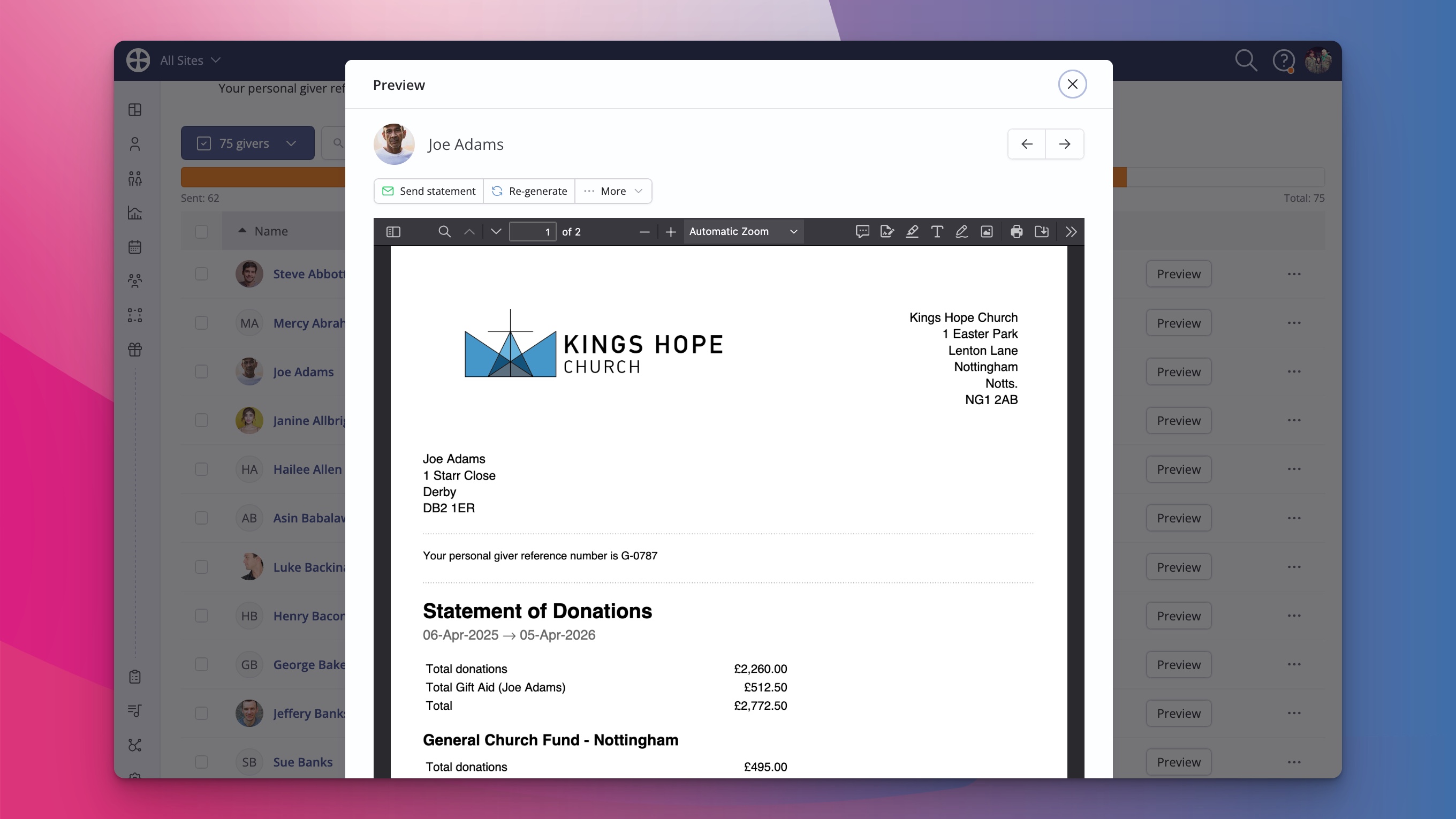 New Statements section in Giving