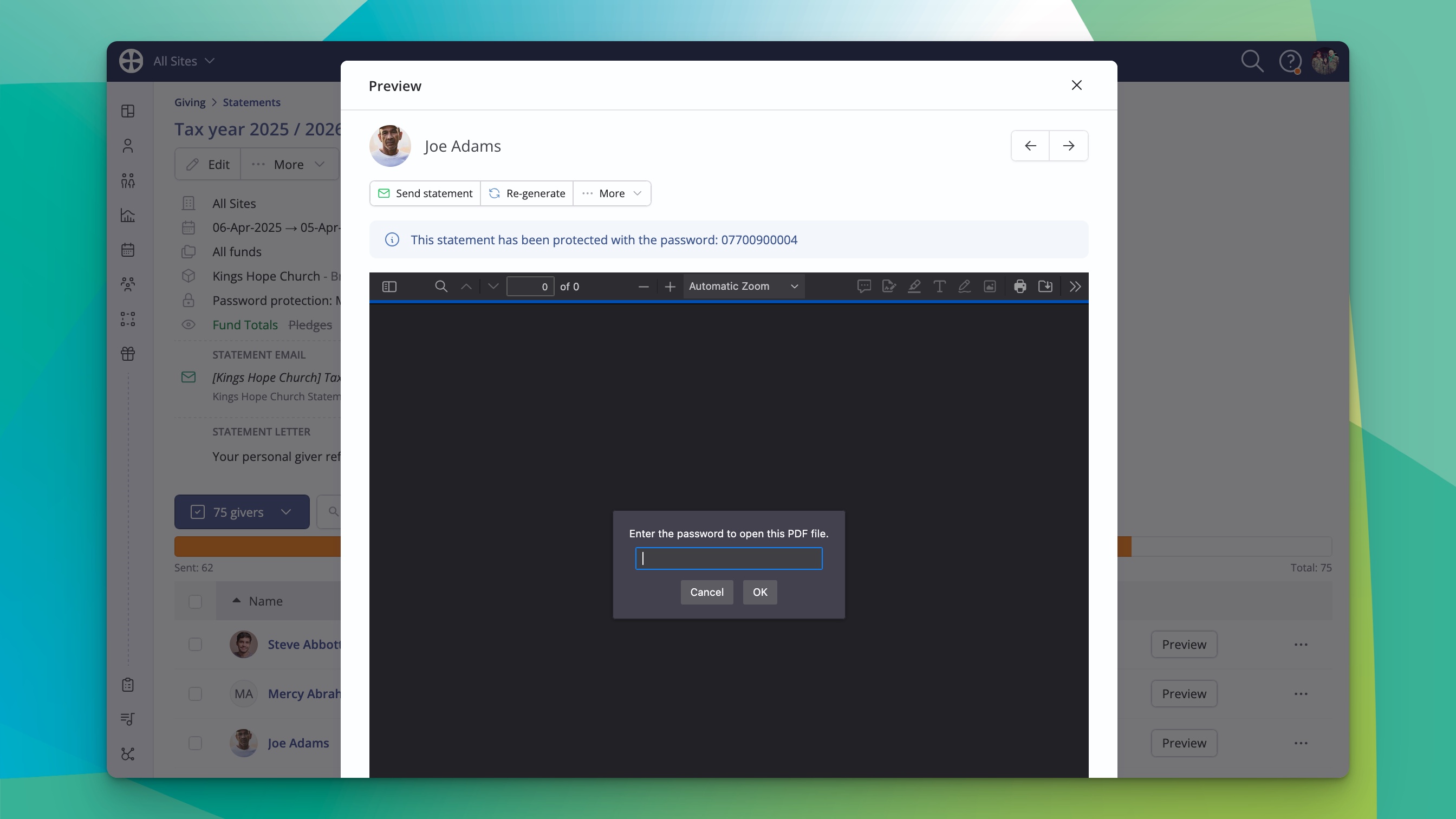 Giving statements in ChurchSuite can be password protected